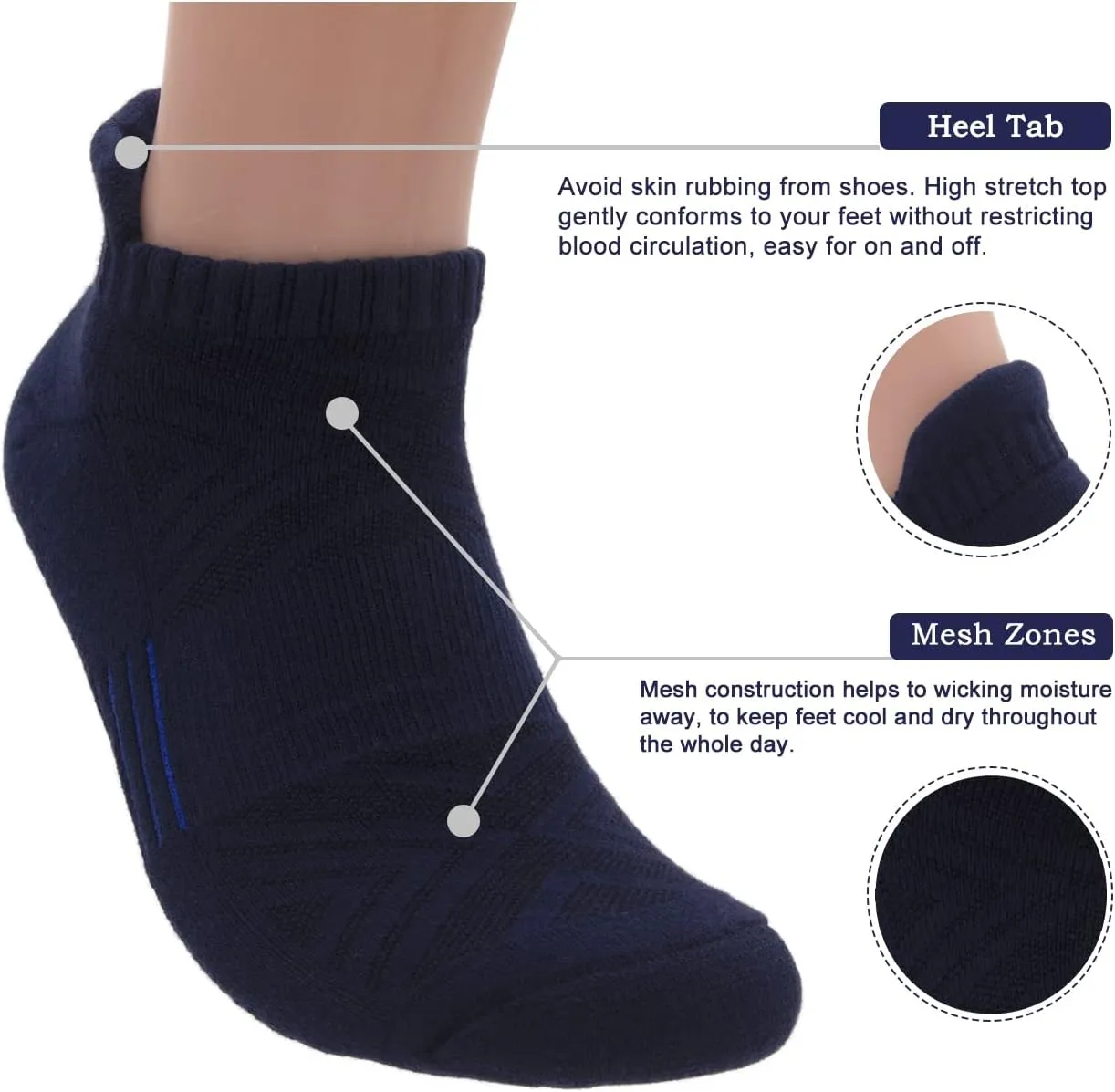 Mens Cotton Cushioned Athletic Ankle Low Cut Socks w/Arch Compression & Tab (5 Pack)