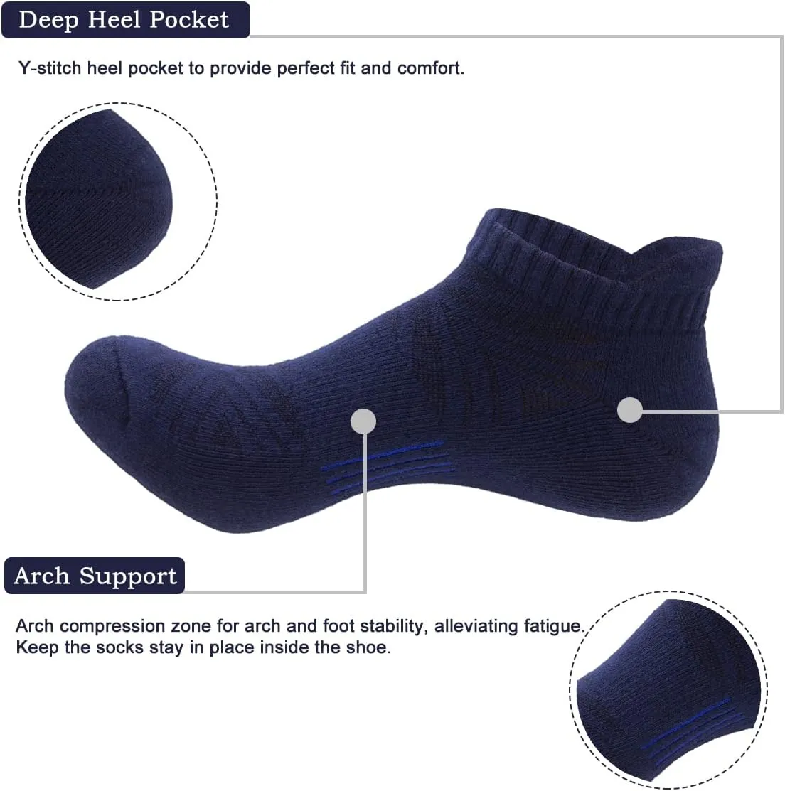 Mens Cotton Cushioned Athletic Ankle Low Cut Socks w/Arch Compression & Tab (5 Pack)